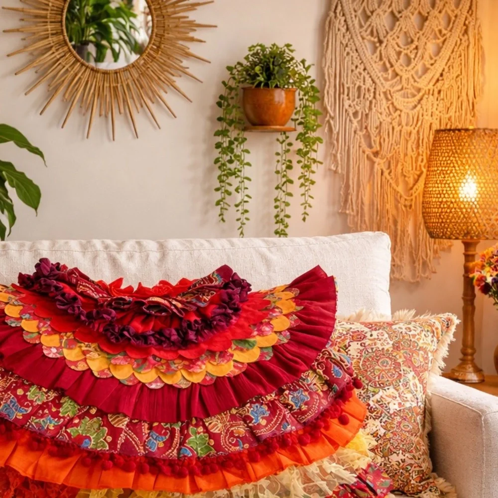 Pier 1 Imports Posh Pillows,Fancy Pillow Red Ruffles BOHO Bohemian Unique 17x13”